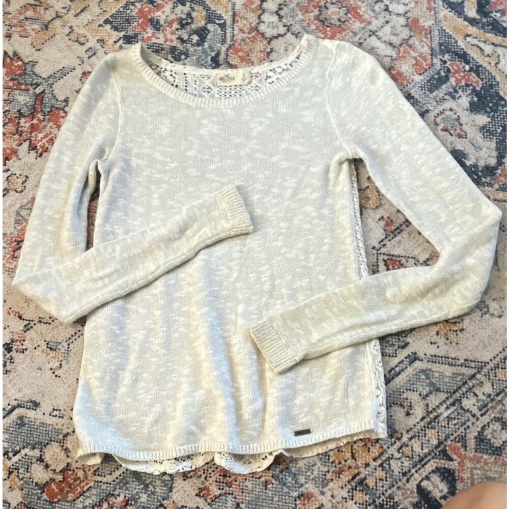 Hollister Women's White Lace Accent Pullover Sweater Crew Neck Long Sleeve S